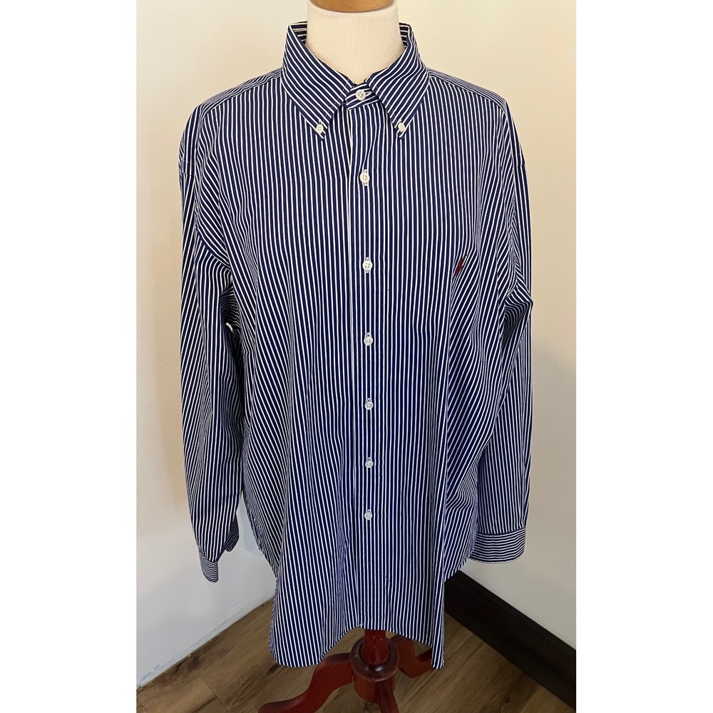 Ralph Lauren Mens Classic Fit Striped Button Down Shirt Navy Blue White 17 34/35 - Picture 2 of 7